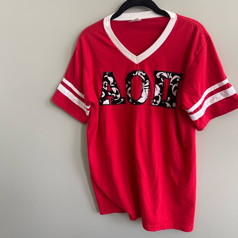 Alpha Omicron Pi V Neck Floral Letters Tee